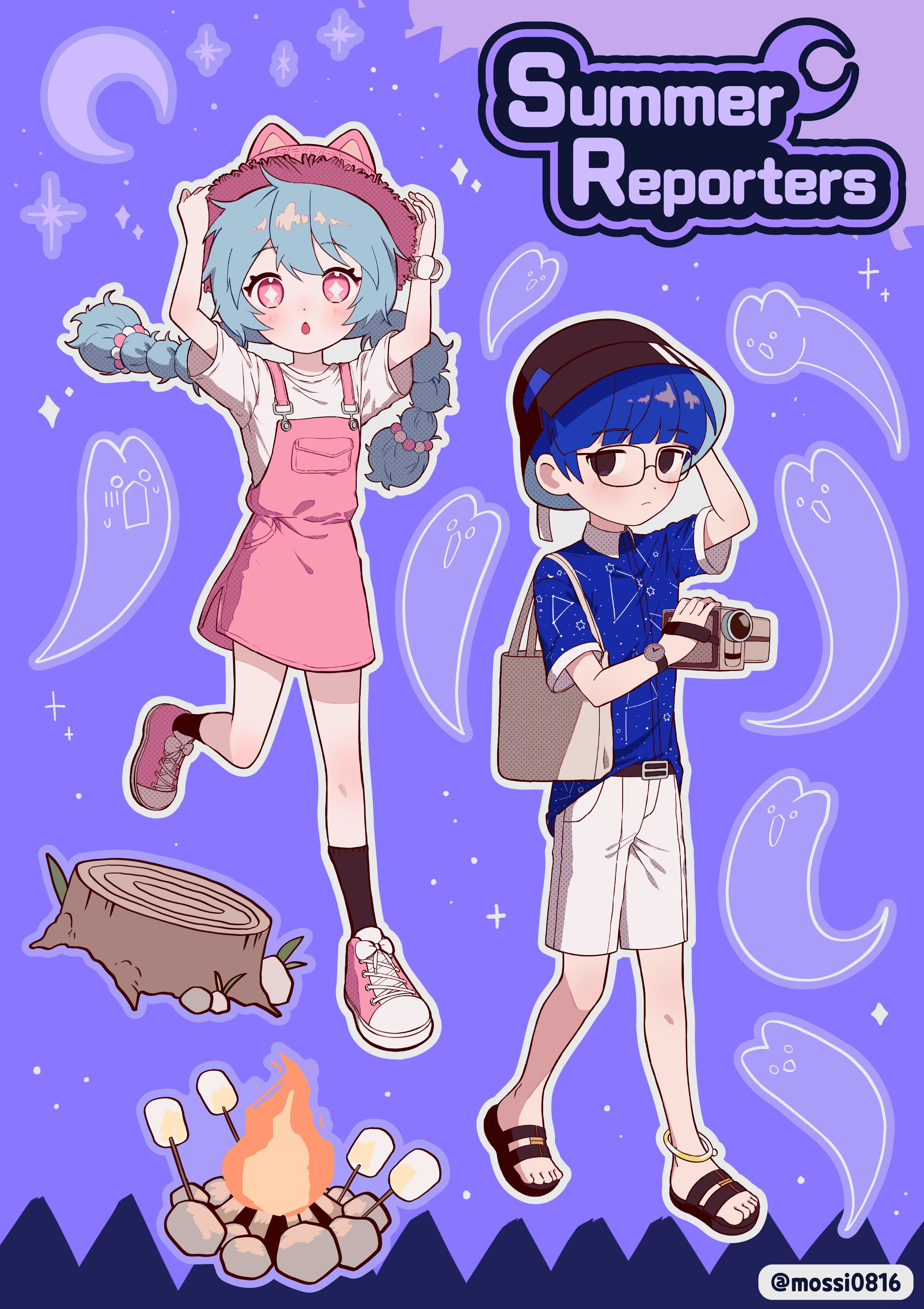 mossi (mossi0816), zombie high school, absurdres, highres, 1boy, 1girl, :o, animal ears, animal hat, arms up, bag, belt, black-framed eyewear, black eyes, black socks, blue hair, blue shirt, blush, bracelet, braid, bucket hat, camera, collared shirt, dress, fire, full body, ghost, glasses, hat, holding, holding camera, jewelry, long hair, looking at viewer, mj (zombie high school), open mouth, outline, overalls, pink eyes, pyo ih-yeon, rock, sandals, shirt, shoes, short hair, short sleeves, shorts, shoulder bag, sneakers, socks, standing, standing on one leg, twin braids, twintails, watch, white outline, white shirt, white shorts, wristwatch