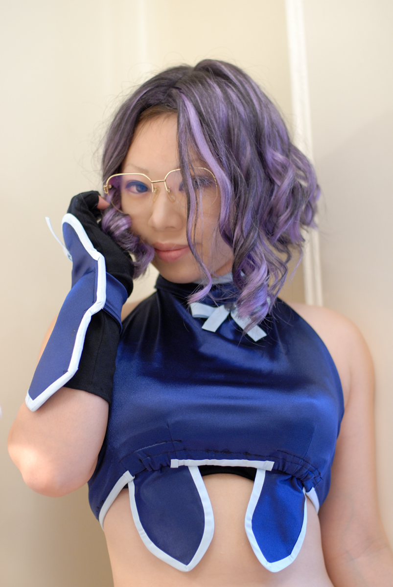 nonone karin, hayama shizuka, hikari to mizu no daphne, highres, photo (medium), 1girl, asian, bare shoulders, cosplay, female focus, glasses, gloves, halterneck, hayama shizuka (cosplay), indoors, japanese (nationality), looking at viewer, purple hair, solo