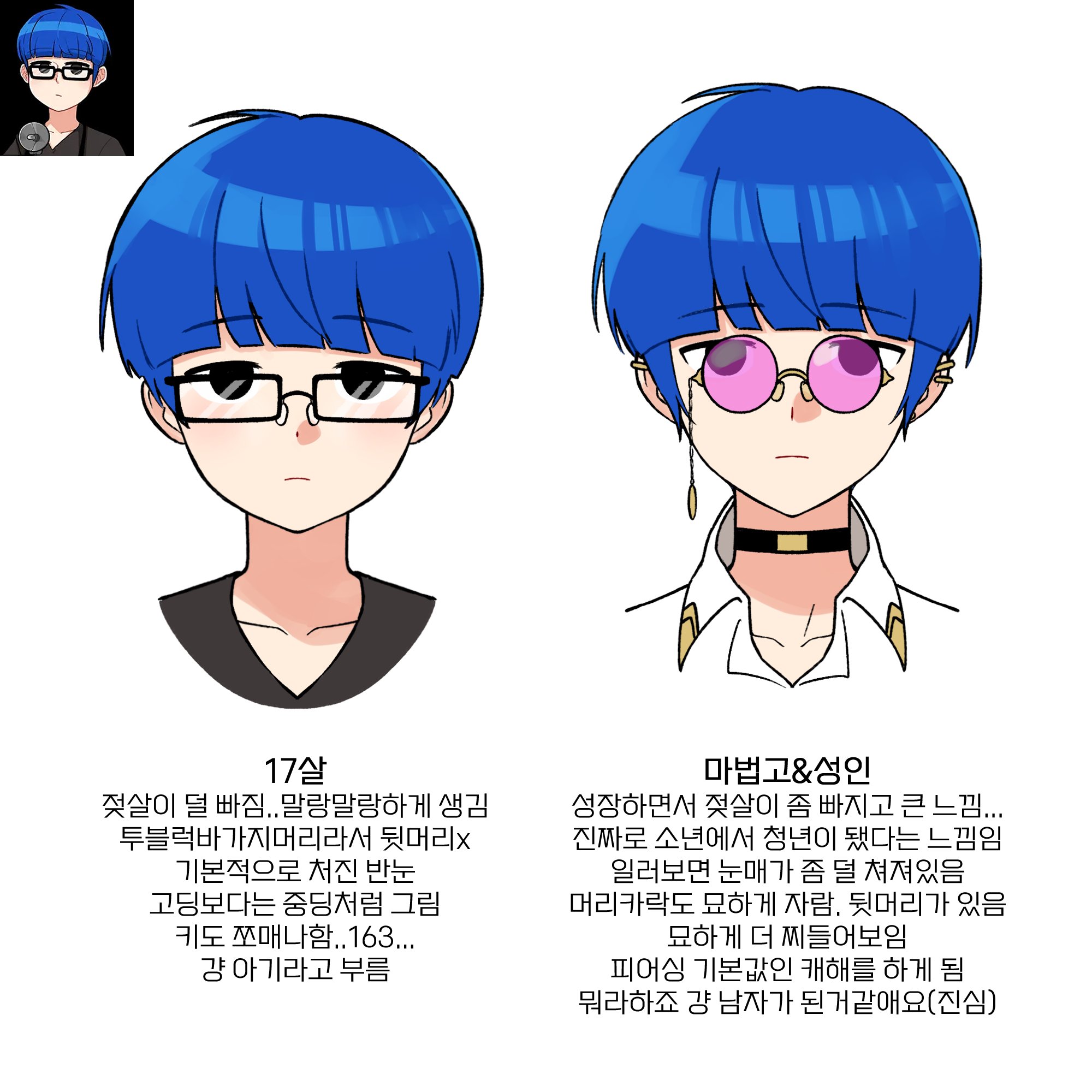 mossi (mossi0816), zombie high school, highres, 1boy, black choker, black eyes, blue hair, blunt bangs, choker, closed mouth, collarbone, collared shirt, ear piercing, earrings, glasses, jewelry, korean text, looking at viewer, multiple views, piercing, pyo ih-yeon, reference inset, shirt, short hair, simple background, tinted eyewear, white background, white shirt