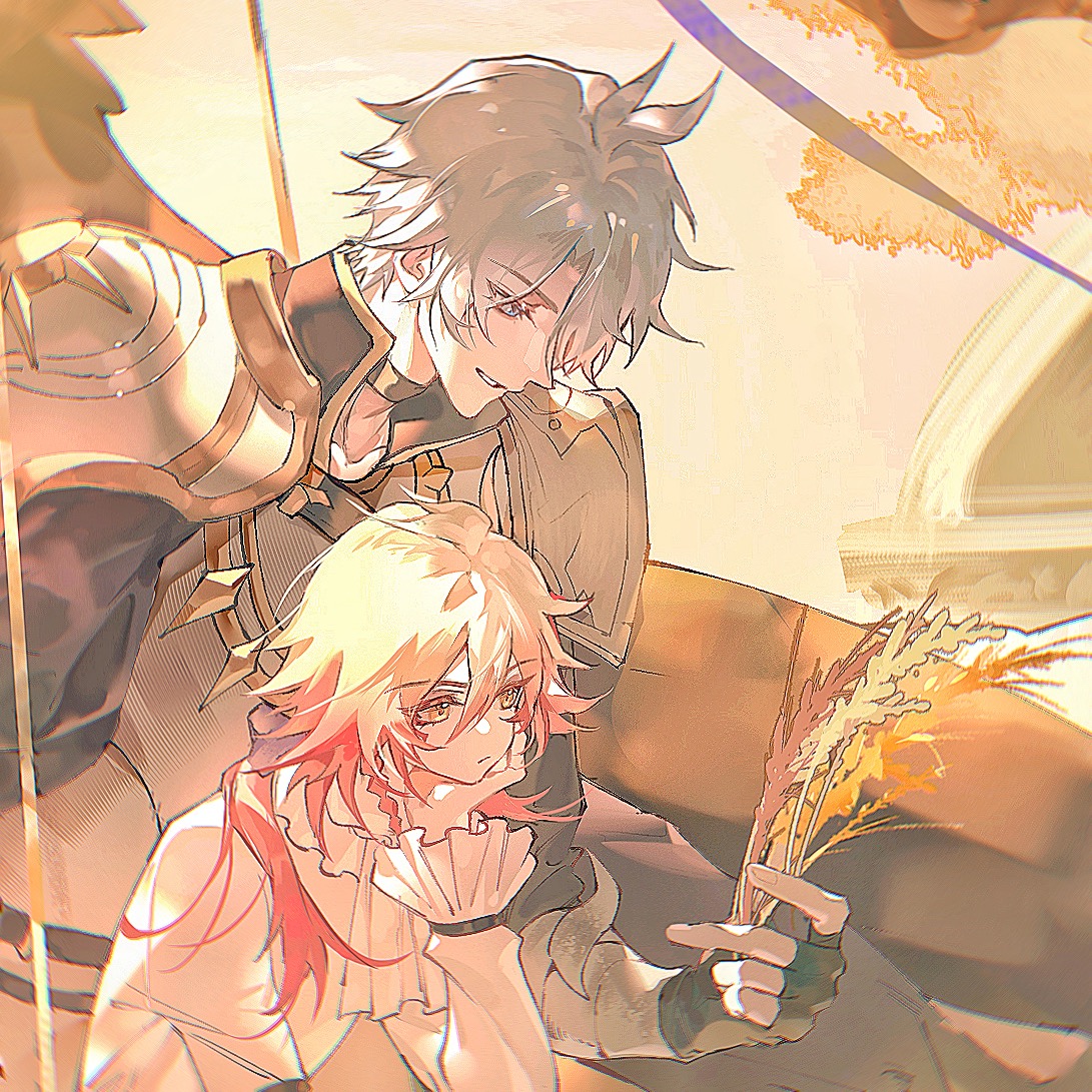 huuuhjjj, mydei (honkai: star rail), phainon (honkai: star rail), honkai: star rail, honkai (series), chinese commentary, commentary request, 2boys, aged down, antenna hair, armor, black choker, black gloves, black shirt, blonde hair, blue eyes, braid, breastplate, choker, facial tattoo, fingerless gloves, gloves, gradient hair, hair between eyes, head rest, holding wheat, long hair, long sleeves, male focus, multicolored hair, multiple boys, parted bangs, pauldrons, puffy long sleeves, puffy sleeves, red hair, red tattoo, shirt, short hair, shoulder armor, side braid, single pauldron, tattoo, white hair, white shirt, yellow eyes