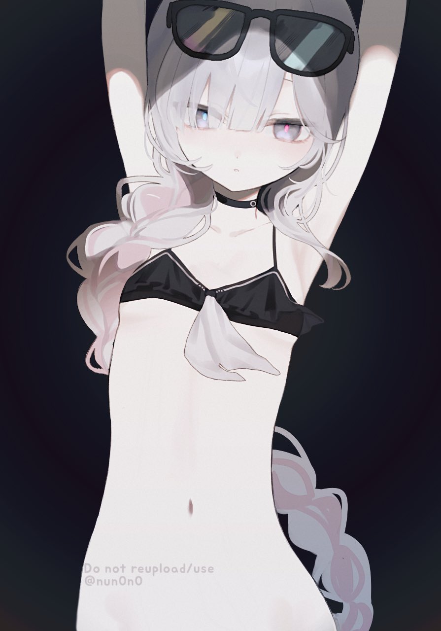 plana (blue archive), blue archive, highres, 1girl, armpits, arms up, bikini, black-framed eyewear, black background, black bikini, black choker, blue eyes, bottomless, braid, breasts, choker, closed mouth, collarbone, expressionless, eyewear on head, flat chest, grey eyes, grey hair, hair over one eye, long hair, looking at viewer, navel, nun0n0, pale skin, pink pupils, red pupils, simple background, single braid, small breasts, solo, stomach, sunglasses, swimsuit, twitter username, very long hair