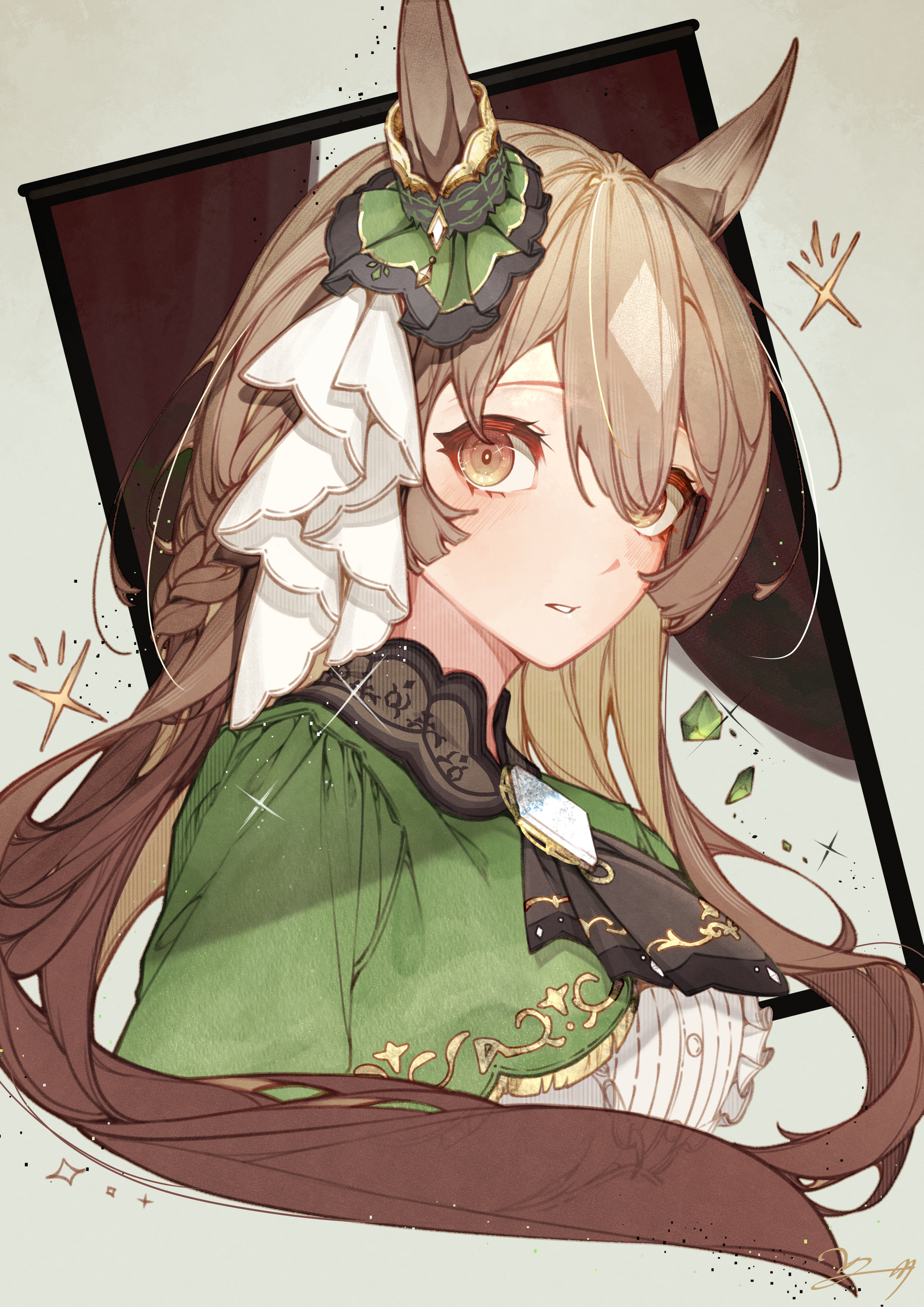 shikahisa totani, satono diamond (umamusume), umamusume, absurdres, highres, 1girl, animal ears, ascot, blush, bow, braid, breasts, brown ascot, brown eyes, brown hair, double-parted bangs, dress, ear ornament, ear ribbon, green jacket, hair between eyes, horse ears, horse girl, jacket, long hair, looking at viewer, multicolored hair, parted lips, solo, streaked hair, upper body, very long hair, white dress