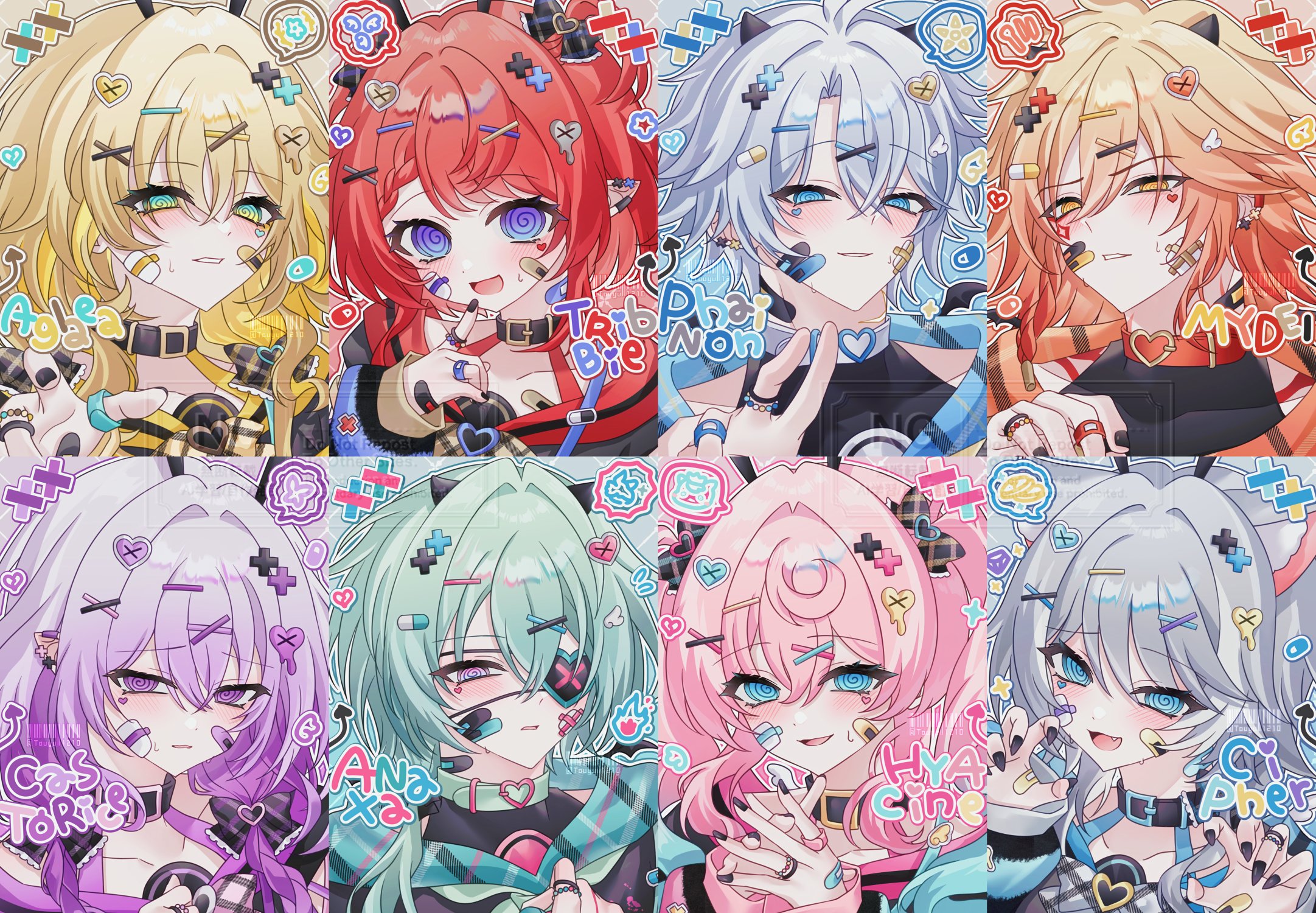 touyu 1210, aglaea (honkai: star rail), anaxa (honkai: star rail), castorice (honkai: star rail), hyacine (honkai: star rail), mydei (honkai: star rail), phainon (honkai: star rail), tribbie (honkai: star rail), fire emblem, fire emblem cipher, honkai: star rail, honkai (series), nintendo, highres, 3boys, 5girls, @ @, aqua collar, aqua eyes, aqua hair, bandaid, bandaid on cheek, bandaid on face, bandaid on hand, black choker, black collar, black nails, black shirt, blonde hair, blue eyes, blush, bow, braid, choker, collar, cross hair ornament, fake horns, fang, gradient hair, grey hair, hair bow, hair ornament, hairclip, heart, heart hair ornament, horns, long hair, long sleeves, medium hair, multicolored hair, multiple boys, multiple girls, neckerchief, open mouth, orange hair, pill hair ornament, pink hair, purple eyes, purple hair, red collar, red hair, shirt, smile, tattoo, white collar, white hair, x hair ornament, yellow eyes