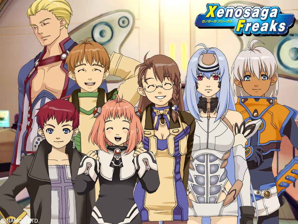 allen ridgeley, chaos, chaos (xenosaga), gaignun kukai jr., jr., kos-mos, momo mizrahi, shion uzuki, ziggy, xeno (series), xenosaga, xenosaga freaks, brown legwear, 00s, 3girls, 4boys, everyone, multiple boys, multiple girls, pantyhose, smile