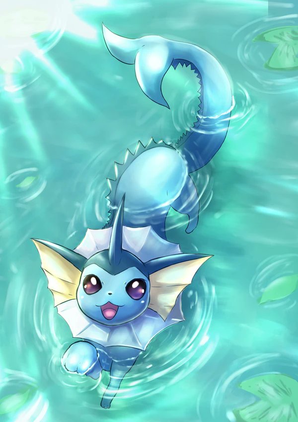 giovanni (giogiofx0083), vaporeon, nintendo, pokemon, :3, animal focus, blue eyes, blue fur, cetacean tail, fins, fish tail, forked tail, full body, gen 1 pokemon, head fins, lily pad, looking at viewer, no humans, open mouth, outdoors, pokemon (creature), pokemon focus, smile, solo, swimming, tail, water