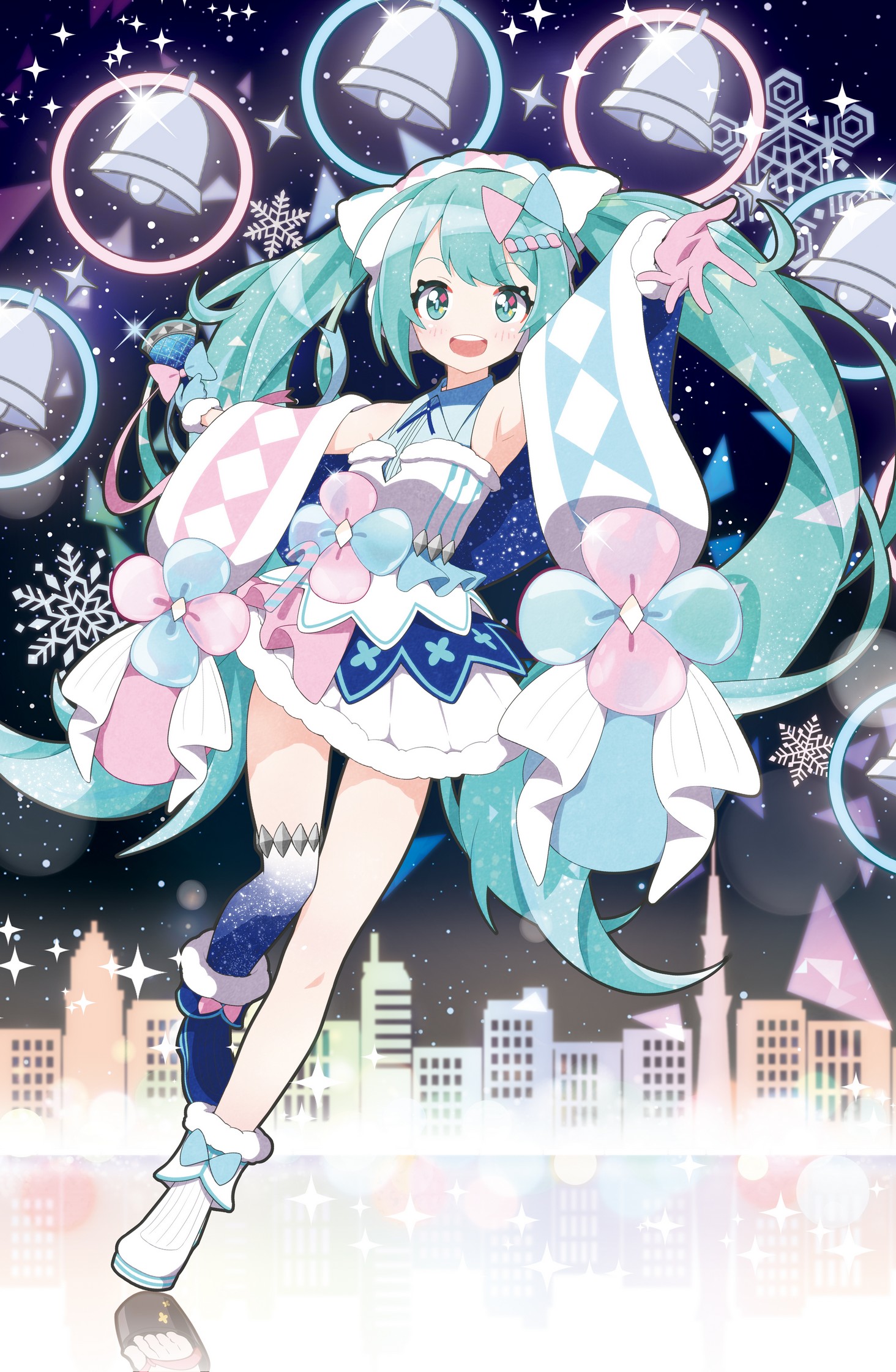 fuusen neko, hatsune miku, magical mirai miku, magical mirai miku (2020 winter), magical mirai (vocaloid), vocaloid, highres, 1girl, aqua gloves, arm up, armpits, asymmetrical legwear, bell, blush, boots, detached sleeves, dress, full body, fur-trimmed boots, fur-trimmed dress, fur-trimmed gloves, fur-trimmed sleeves, fur trim, gloves, holding, holding bell, long hair, long sleeves, looking at viewer, official alternate costume, official alternate hairstyle, open mouth, pink gloves, single thighhigh, sleeveless, sleeveless dress, smile, snowflakes, solo, thighhighs, twintails, twintails day, very long hair, white dress, wide sleeves