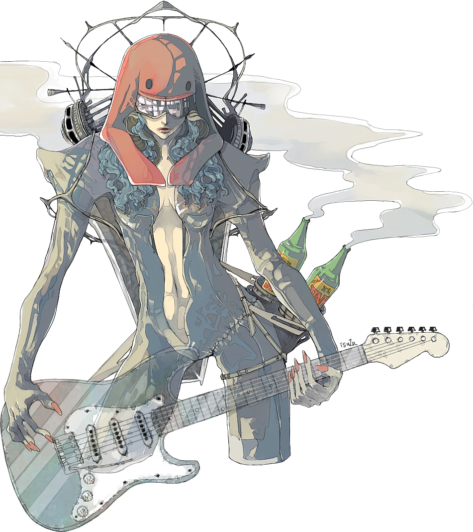 isuzu, isuzu (uzushi), 1girl, breasts, cleavage, female focus, guitar, instrument, open clothes, open shirt, shirt, solo, sunglasses