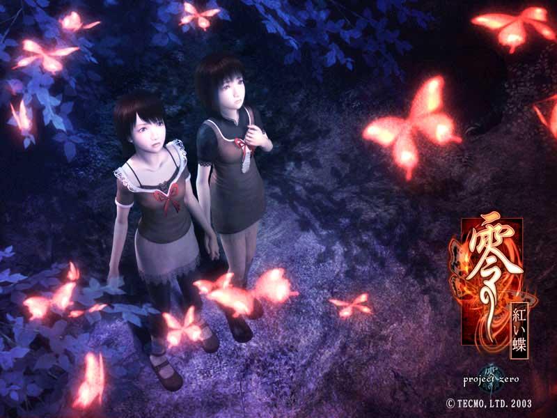 amakura mayu, amakura mio, fatal frame, fatal frame 2, tecmo, official art, 2girls, black hair, bow, bug, butterfly, camisole, dress, forest, holding hands, multiple girls, nature, night, ribbon, short hair, siblings, sisters, skirt, twins