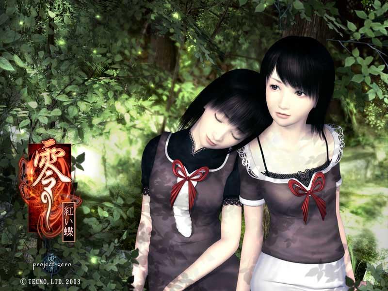 amakura mayu, amakura mio, mayu amakura, mio amakura, fatal frame, fatal frame 2, tecmo, official art, 2girls, black eyes, black hair, bow, camisole, closed eyes, dress, forest, head on another's shoulder, head tilt, multiple girls, nature, ribbon, shirt, short hair, siblings, sisters, sleeping, twins