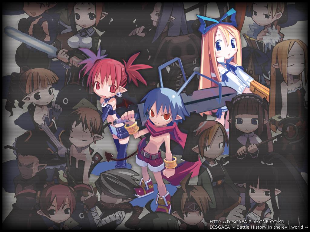 harada takehito, archer (disgaea), etna (disgaea), female angel (disgaea), female brawler (disgaea), flonne, healer (disgaea), laharl, mage (disgaea), magic knight (disgaea), male brawler (disgaea), male healer (disgaea), male warrior (disgaea), ninja (disgaea), prinny, ronin (disgaea), scout (disgaea), skull (disgaea), thief (disgaea), disgaea, makai senki disgaea, nippon ichi, official art, 00s, 6+boys, 6+girls, :o, ahoge, belt, blonde hair, blue hair, blunt bangs, blush, holding, holding sword, holding weapon, long hair, looking at viewer, multiple boys, multiple girls, outstretched arm, parted lips, pointy ears, red eyes, red hair, red shorts, scarf, shorts, standing, sword, tareme, thighhighs, topless female, twintails, weapon