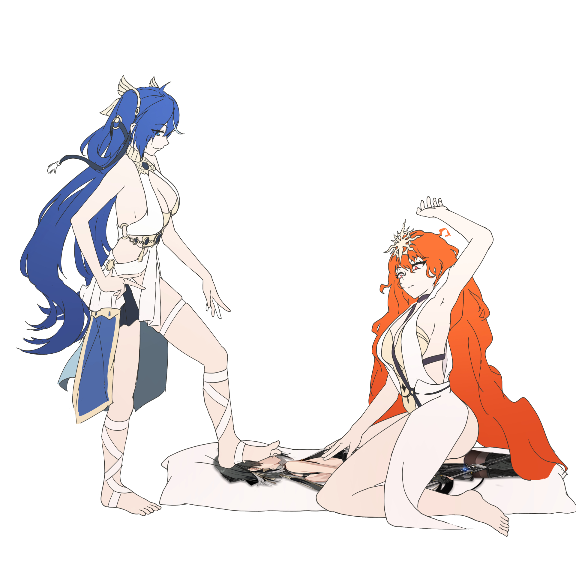 augusta (wuthering waves), female rover (wuthering waves), iuno (wuthering waves), rover (wuthering waves), wuthering waves, highres, 2girls, armor, bare shoulders, barefoot, blue eyes, blue hair, breastplate, breasts, closed mouth, collar, dakimakura (object), dress, feet, gold bra, gradient hair, greco-roman clothes, head wreath, headgear, jewelry, large breasts, long hair, looking at another, multicolored hair, multiple girls, okiru45433718, orange hair, parted lips, pillow, red eyes, sitting, smile, stepping, white dress