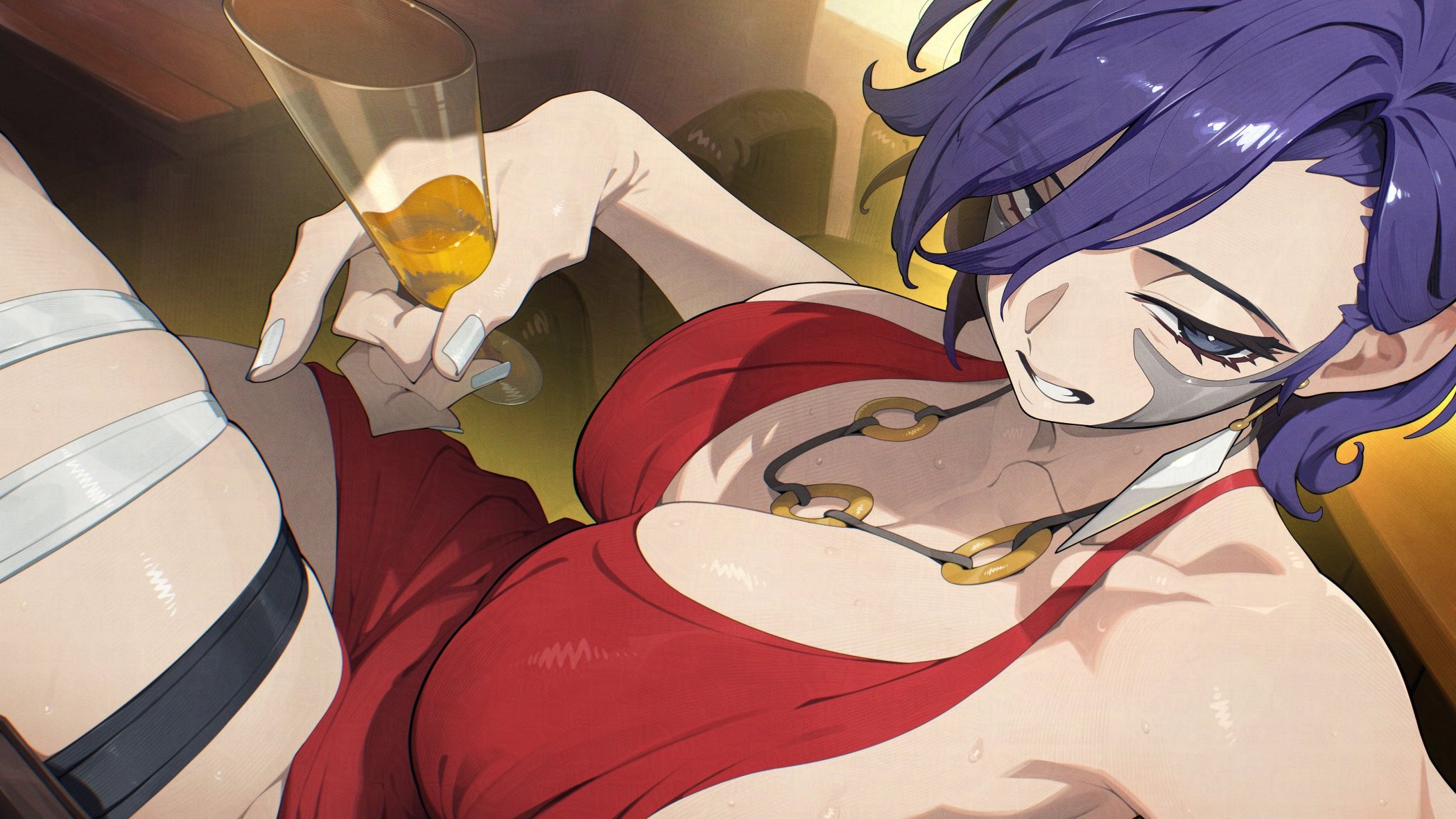 hata4564, character request, commentary request, copyright request, highres, 1girl, black eyes, breasts, cleavage, clenched teeth, collarbone, cup, dress, holding, holding cup, jewelry, large breasts, looking at viewer, necklace, purple hair, red dress, solo, teeth, thigh strap