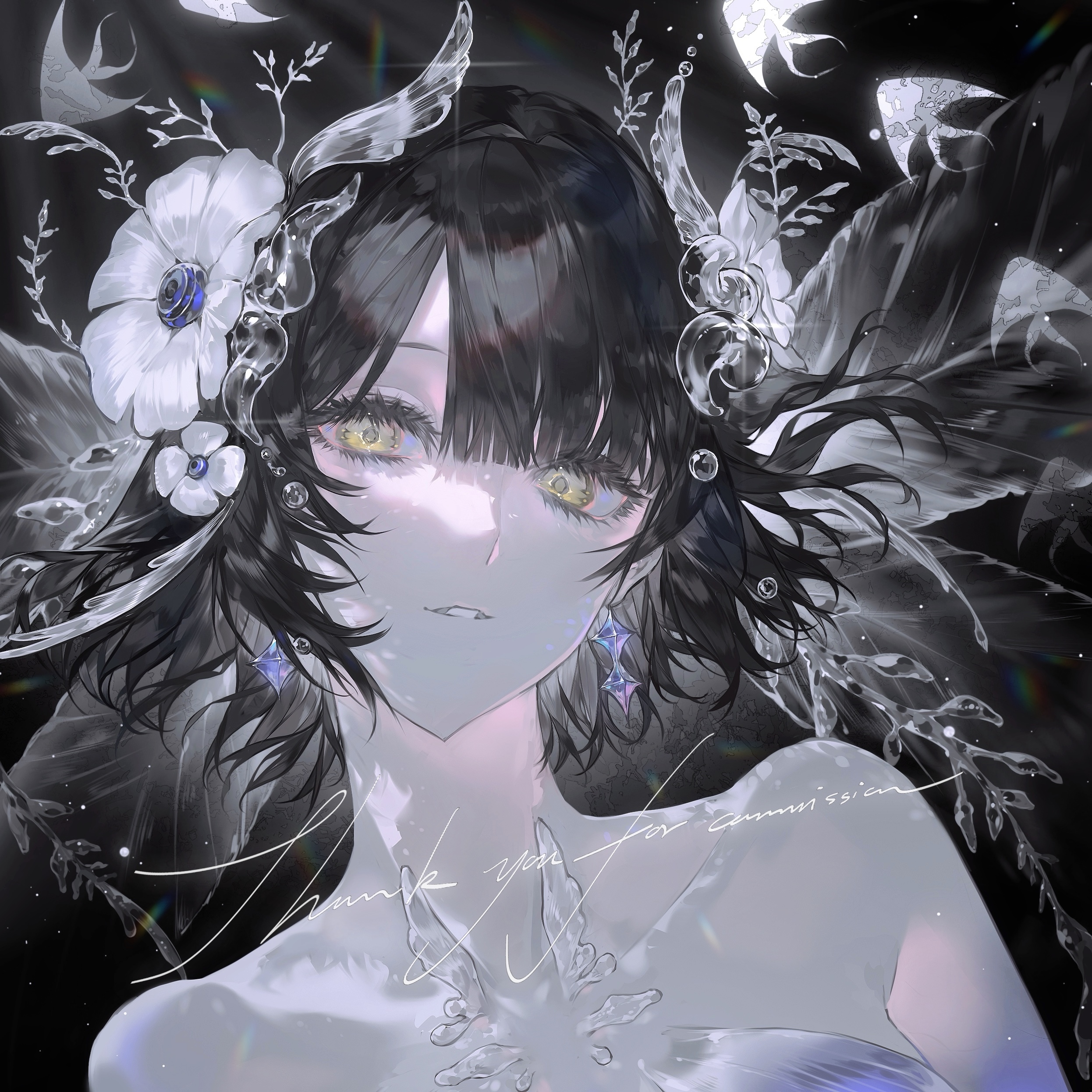 original, absurdres, highres, 1girl, bare shoulders, black background, black hair, collarbone, crescent, earrings, eyelashes, flower, gem, hair flower, hair ornament, heilanshuimuchu, jewelry, looking at viewer, parted lips, portrait, short hair, solo, upper body, yellow eyes