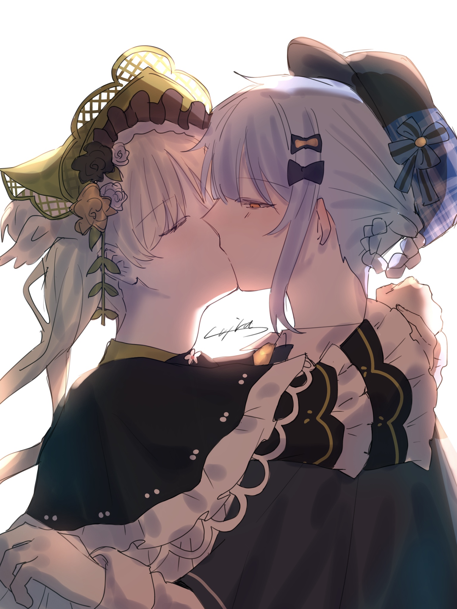 tachibana sherry, toono hanna, mahou shoujo no majo saiban, highres, 2girls, blonde hair, blue hair, bonnet, closed eyes, detective, dress, frilled dress, frills, hime cut, hug, kiss, lolita fashion, long hair, magical girl, multiple girls, shira sagi12, short hair, twintails, white background, yellow eyes, yuri