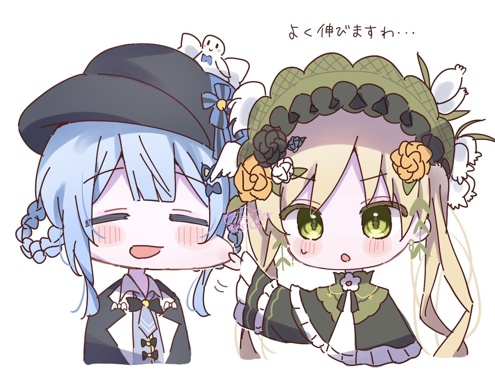 yunagi (yng hoti), tachibana sherry, toono hanna, mahou shoujo no majo saiban, highres, 2girls, bird hat ornament, black capelet, black flower, black hat, black rose, blonde hair, blue hair, bonnet, braid, braided hair rings, capelet, cheek pinching, deerstalker, dress, flower, green dress, green eyes, hair rings, hat, lolita fashion, magical girl, multiple girls, open mouth, pinching, rose, short hair, simple background, smile, twintails, white background, white flower, white rose, yellow flower, yellow rose