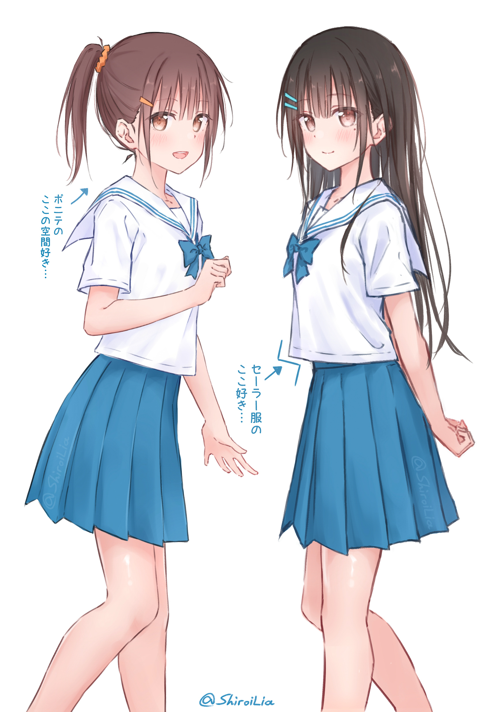 kutatsu (kutatsu7), original, absurdres, commentary request, highres, 2girls, black hair, blue bow, blue bowtie, blue skirt, blush, bow, bowtie, breasts, brown eyes, brown hair, closed mouth, hair between eyes, hair ornament, hairclip, long hair, looking at viewer, mole, mole under eye, multiple girls, open mouth, pleated skirt, ponytail, sailor collar, school uniform, shirt, short sleeves, simple background, skirt, small breasts, smile, white background, white sailor collar, white shirt, yuki (kutatsu)