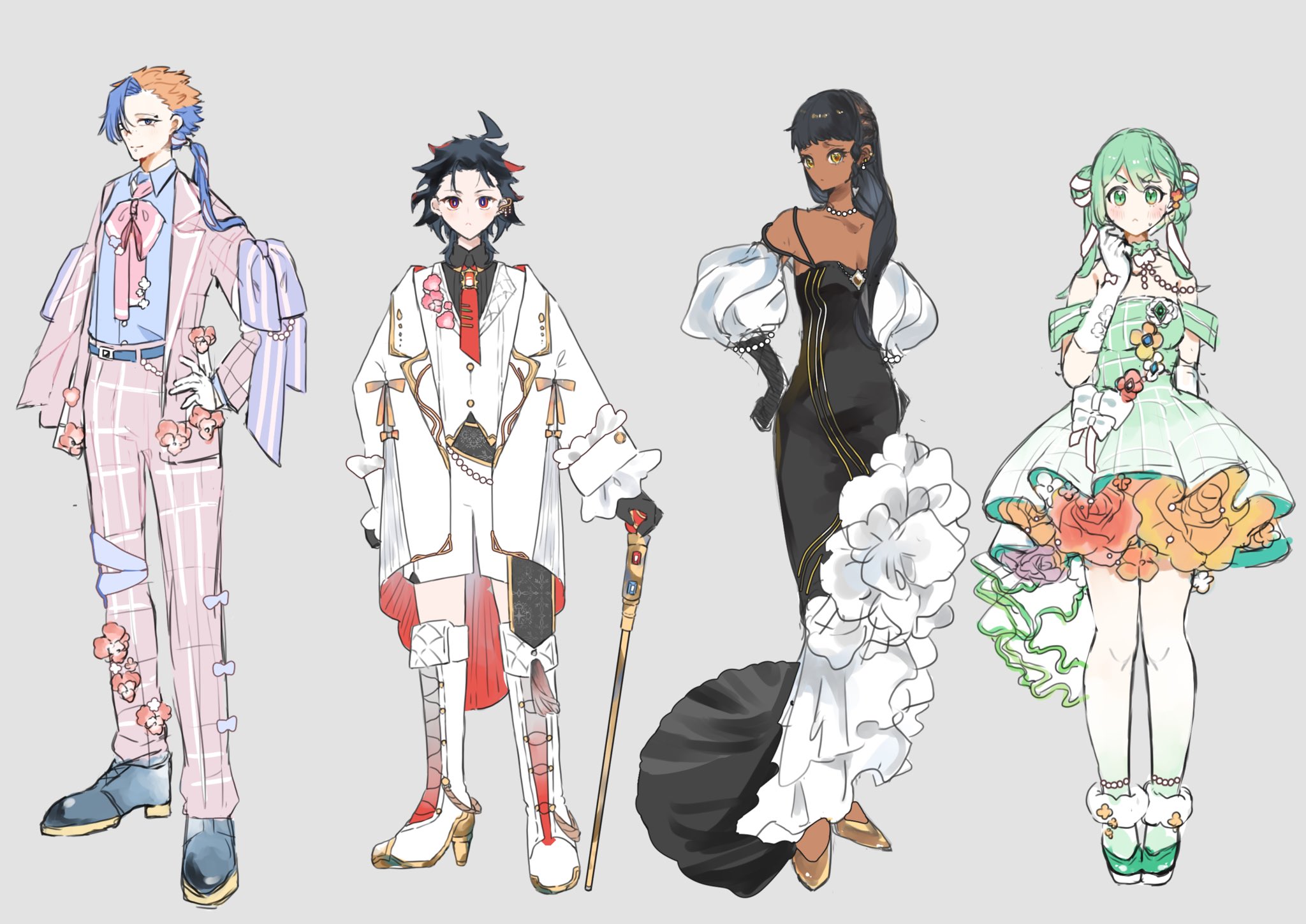 gokuraku (madan no ichi), ichi (madan no ichi), king uroro, kumugi (madan no ichi), madan no ichi, highres, 2boys, 2girls, bare shoulders, black hair, bow, bowtie, braid, closed mouth, dress, earrings, flahmm8hrd6447, gloves, hair bow, hair ornament, hair ribbon, holding, jacket, jewelry, long hair, multicolored hair, multiple boys, multiple girls, necktie, pants, ribbon, shirt, simple background, twintails, very long hair, yellow eyes