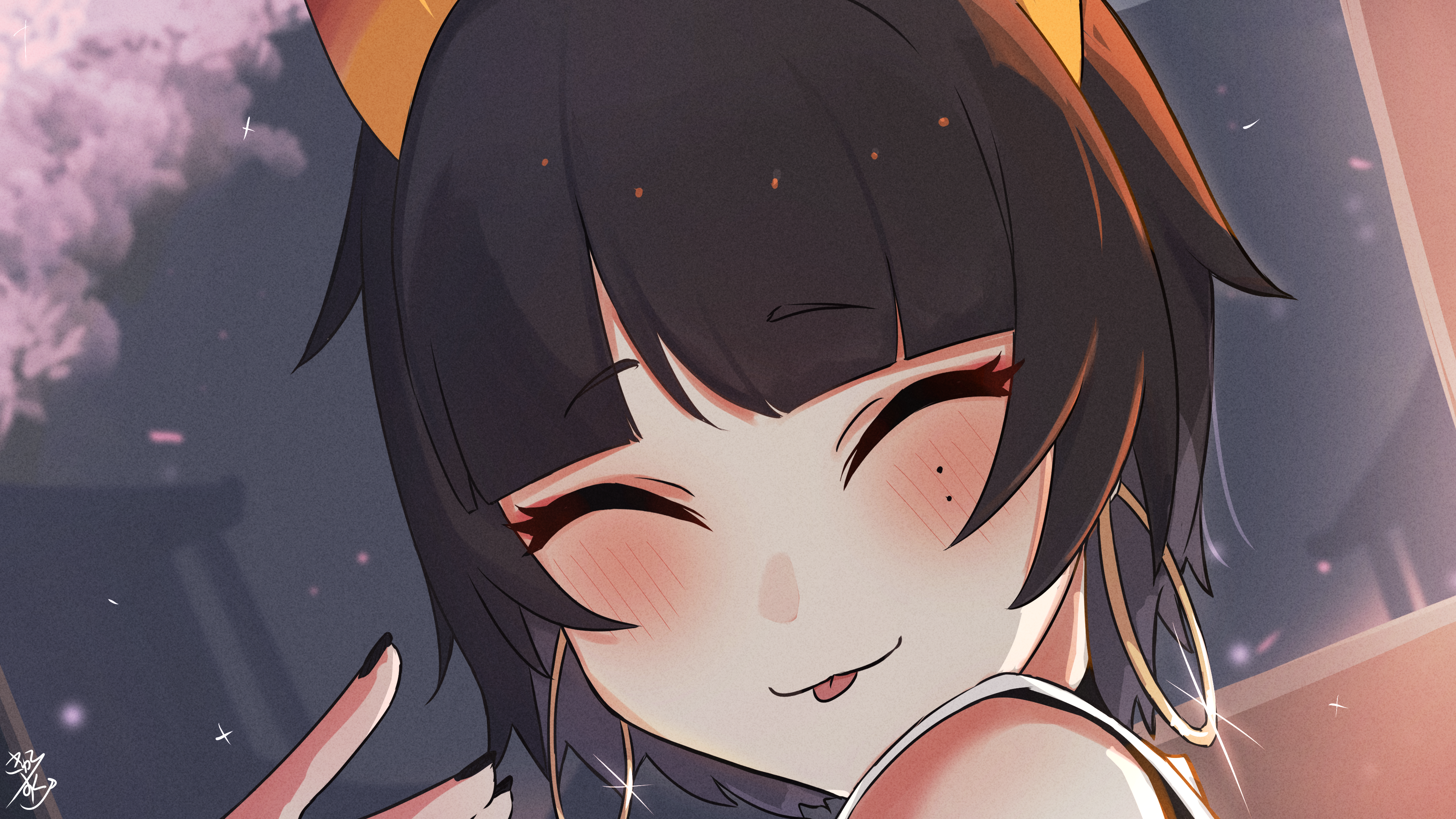 kyurosuku, niya (blue archive), blue archive, absurdres, commentary request, highres, 1girl, :p, ^ ^, black hair, blush, closed eyes, closed mouth, dutch angle, earrings, hand up, hoop earrings, horns, jewelry, mole, mole under eye, portrait, short hair, smile, solo, tongue, tongue out
