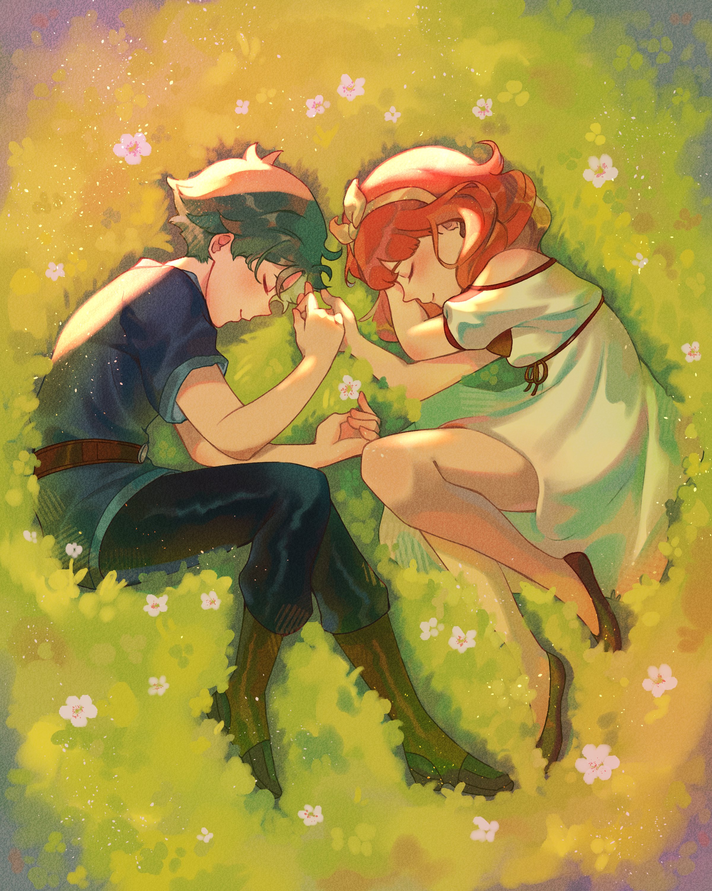halapokok, alm (fire emblem), celica (fire emblem), fire emblem, fire emblem echoes: shadows of valentia, nintendo, absurdres, highres, 1boy, 1girl, belt, blue shirt, blush, boots, bow hairband, closed eyes, closed mouth, dress, field, flower, grass, green hair, hairband, headband, long hair, lying, on side, outdoors, pants, red hair, shirt, shoes, short hair, smile, white dress