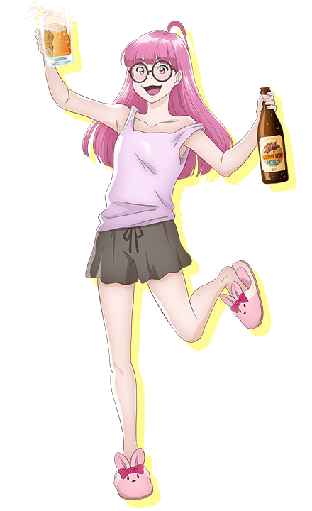 kubonouchi eisaku, astro note, official art, 1girl, :d, ahoge, alcohol, animal slippers, anime coloring, arm up, beer, black-framed eyewear, black shorts, blunt bangs, blush, bottle, breasts, collarbone, cup, drunk, full body, glasses, hand up, holding, holding bottle, holding cup, leg up, long hair, looking at viewer, matsubara teruko, open mouth, pink eyes, pink hair, pink slippers, pink tank top, round eyewear, sake, shorts, simple background, slippers, small breasts, smile, solo, standing, standing on one leg, tachi-e, tank top, transparent background