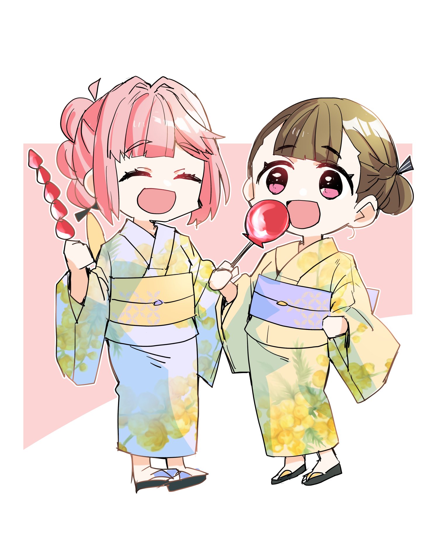 kanduki kamibukuro, anyoji hime, kachimachi kosuzu, link! like! love live!, love live!, commentary, highres, 2girls, :d, braid, brown hair, candy apple, center-flap bangs, deformed, floral print, floral print kimono, food, full body, hair bun, hair intakes, half up braid, hasu no sora school uniform, holding, holding candy apple, holding food, holding skewer, japanese clothes, kimono, long hair, long sleeves, multi-tied hair, multiple girls, open mouth, pink background, pink eyes, pink hair, ponytail, print kimono, school uniform, short hair, sidelocks, simple background, single hair bun, skewer, smile, virtual youtuber, yellow kimono, yukata