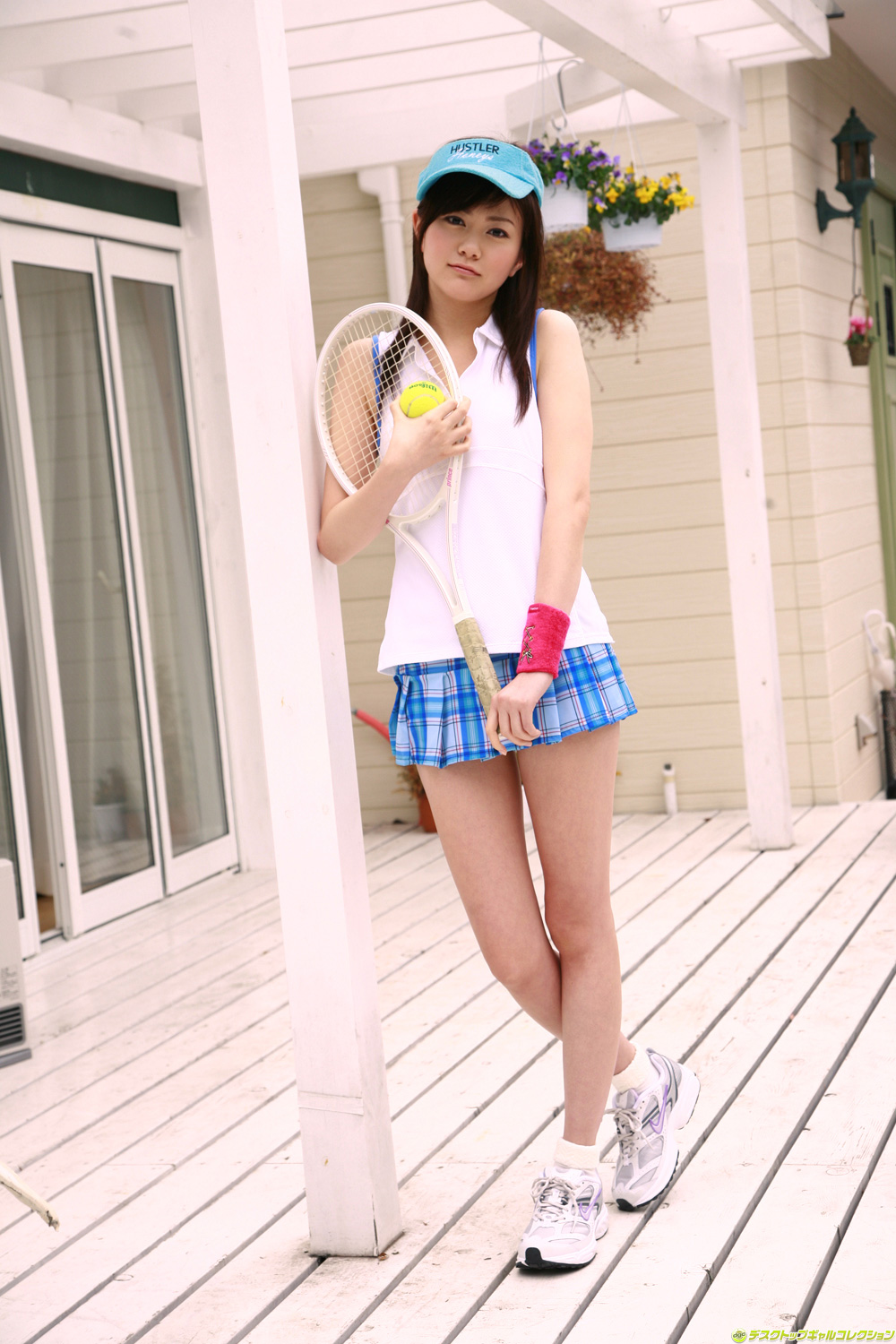 seo akiko, visor, highres, photo (medium), ball, blouse, miniskirt, pleated skirt, racket, shirt, skirt, sleeveless, solo, tennis ball, tennis racket