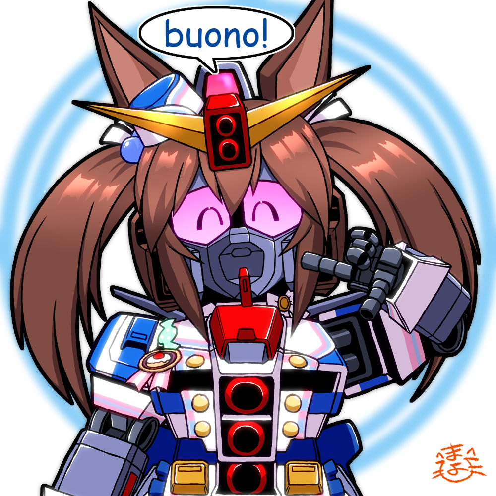 mayohi neko, hishi akebono (umamusume), psycho gundam, gundam, sd gundam, umamusume, zeta gundam, hashtag-only commentary, animal ears, brown hair, chest cannon, chibi, closed eyes, hair between eyes, horse ears, horse girl, long hair, looking at viewer, mecha, mecha focus, mobile suit, red eyes, robot, science fiction, speech bubble, twintails, v-fin