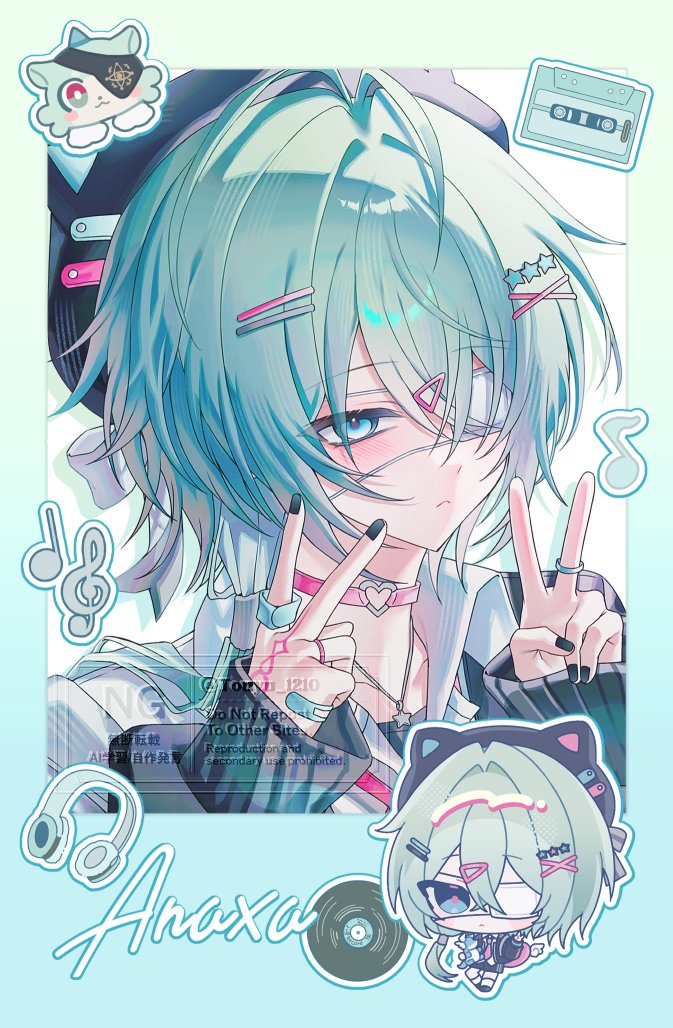touyu 1210, anaxa (honkai: star rail), honkai: star rail, honkai (series), 1boy, aqua hair, black hat, black nails, black sweater, blue eyes, cassette tape, character name, chibi, choker, double v, eyepatch, gradient background, hair ornament, hairclip, hat, long sleeves, male focus, pink choker, short hair, solo, star (symbol), star hair ornament, sweater, v, x hair ornament
