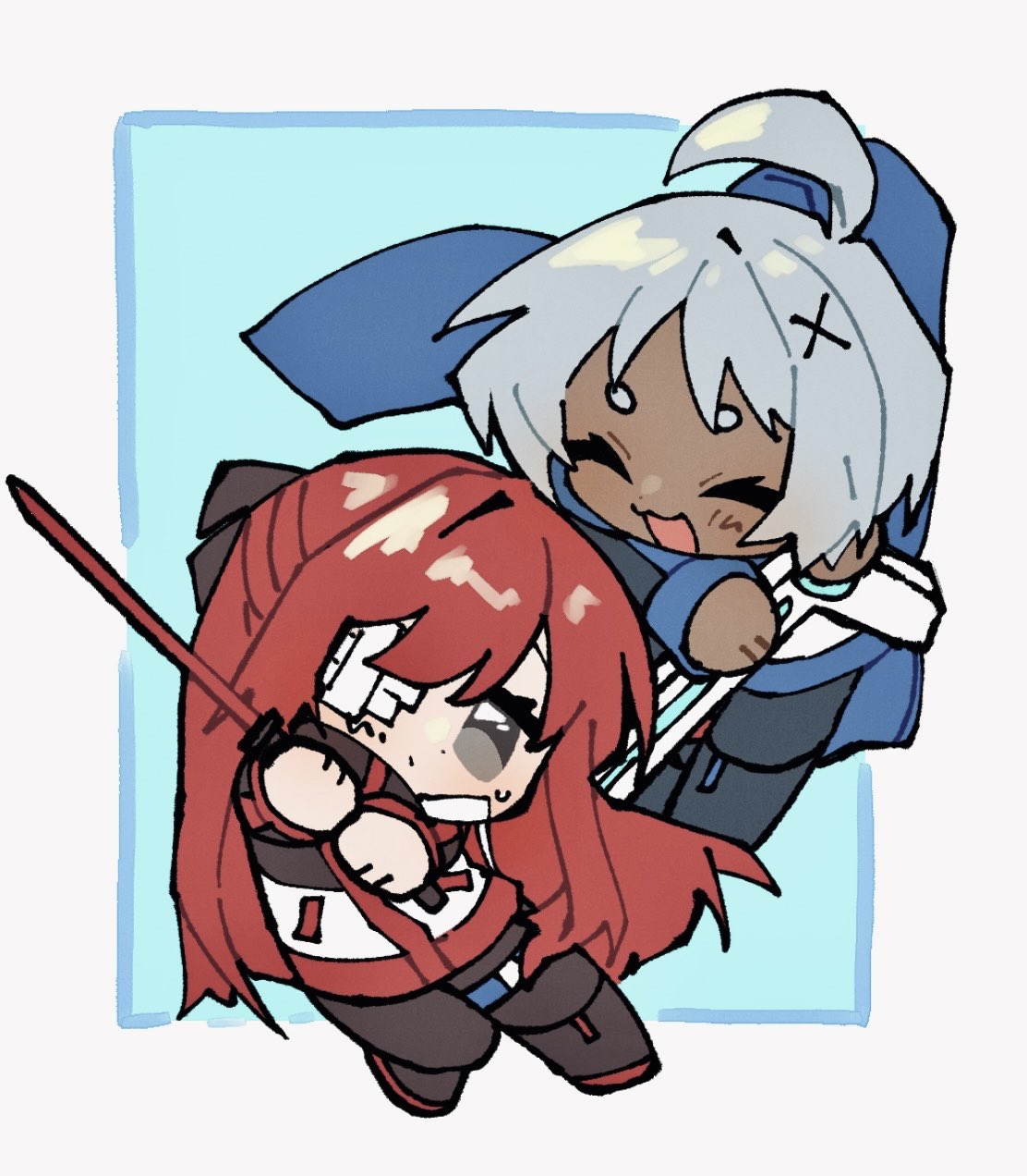 nantekottawo!!, aya (project moon), yuri (project moon), limbus company, project moon, highres, 2girls, ahoge, black bow, black jacket, black pants, blue scarf, bow, hair bow, hair ornament, jacket, long hair, multiple girls, pants, red hair, scarf, short hair, very long hair, white hair, white jacket, x hair ornament