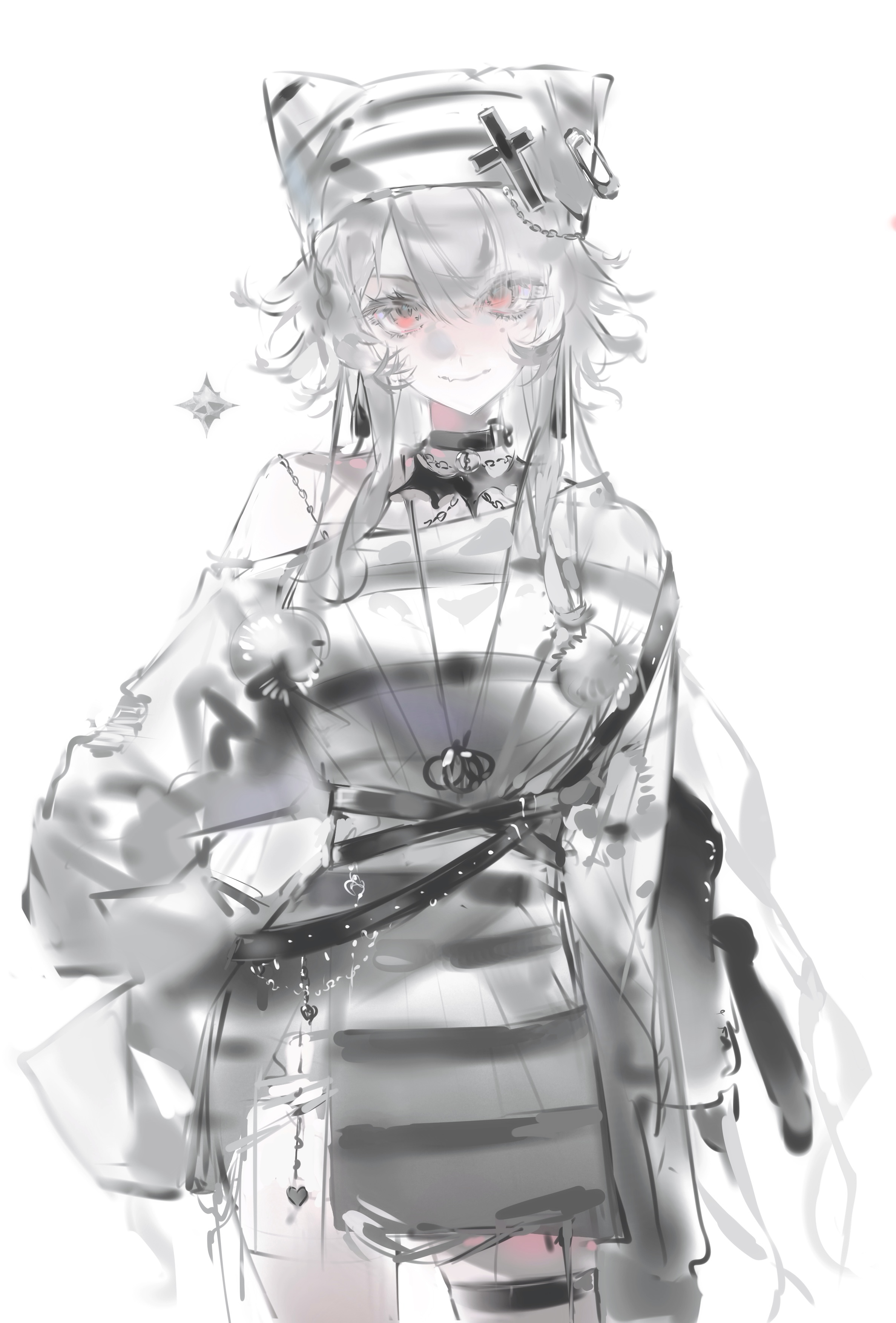 original, absurdres, highres, 1girl, animal hat, bare shoulders, beanie, belt, breasts, cat hat, cowboy shot, hair between eyes, hand on own hip, hat, heilanshuimuchu, jewelry, long hair, long sleeves, looking at viewer, necklace, off shoulder, red eyes, sidelocks, simple background, sketch, skirt, sleeves past fingers, sleeves past wrists, smile, solo, sweater, thigh strap, white background, white hair