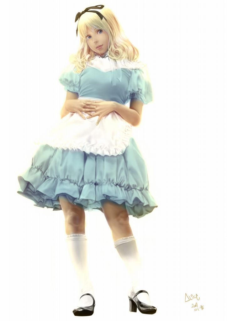 neg, alice (alice in wonderland), alice's adventures in wonderland, blonde hair, lips, realistic, ribbon, simple background, solo