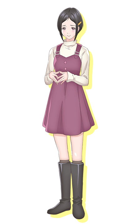 kubonouchi eisaku, astro note, official art, 1girl, anime coloring, black boots, black hair, blush, boots, breasts, brown eyes, brown shirt, brown socks, closed mouth, collared shirt, embarrassed, full body, hair ornament, hairclip, kamimachi aoi, long sleeves, looking at viewer, overall skirt, parted bangs, purple skirt, shirt, sidelocks, simple background, skirt, small breasts, socks, solo, standing, tachi-e, transparent background