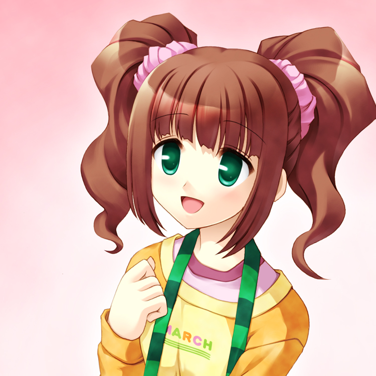 totokichi, takatsuki yayoi, idolmaster, idolmaster (classic), idolmaster 1, bad id, bad pixiv id, 00s, 1girl, brown hair, dot nose, female focus, gradient background, green eyes, hair ornament, hair scrunchie, hand up, long sleeves, looking at viewer, open mouth, raglan sleeves, scrunchie, short hair, simple background, solo, twintails, upper body