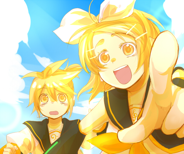 hashimochi, kagamine len, kagamine rin, vocaloid, 1boy, 1girl, brother and sister, siblings, twins