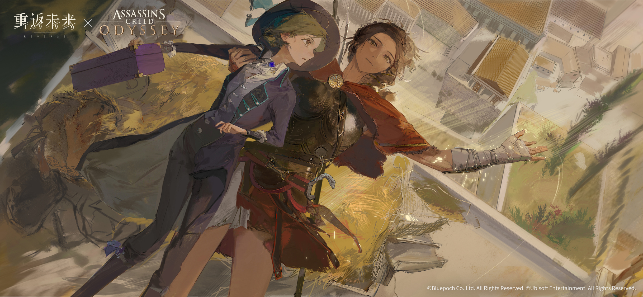 vertin (reverse:1999), assassin's creed: odyssey, assassin's creed (series), reverse:1999, highres, official art, official wallpaper, 2girls, architecture, armor, ascot, black boots, black coat, black hat, black pants, boots, brown eyes, brown hair, cape, coat, collared shirt, copyright name, copyright notice, falling, feet out of frame, from above, greco-roman architecture, greek armor, grey hair, hair bun, hat, hay, holding, holding suitcase, kassandra of sparta, leap of faith, logo, looking to the side, looking up, multiple girls, pants, profile, red cape, shirt, single side bun, suitcase, white ascot, white shirt