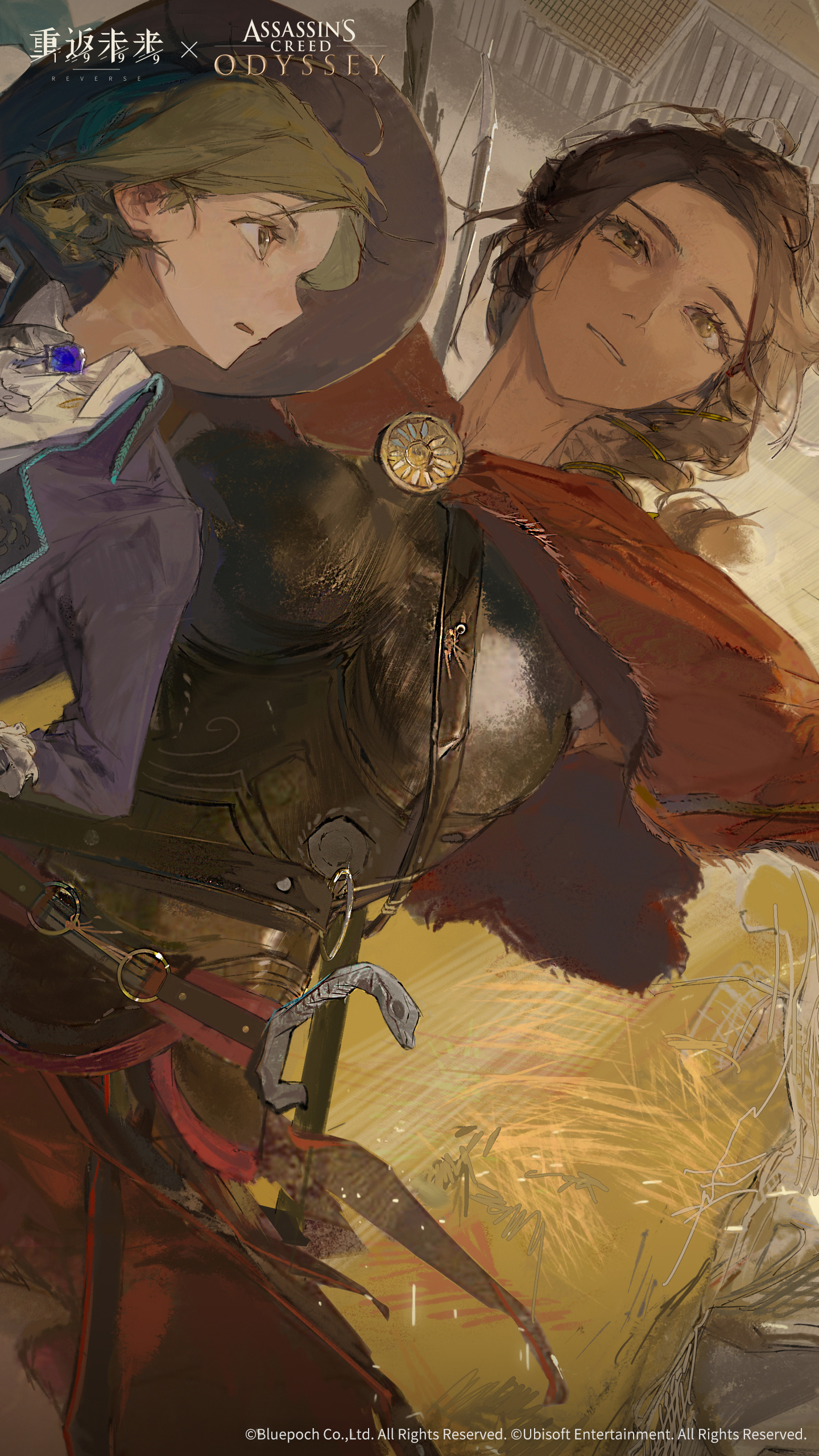 vertin (reverse:1999), assassin's creed: odyssey, assassin's creed (series), reverse:1999, absurdres, highres, official art, official wallpaper, 2girls, architecture, armor, ascot, black coat, black hat, brown eyes, brown hair, cape, coat, collared shirt, copyright name, copyright notice, falling, from above, greco-roman architecture, greek armor, grey hair, hair bun, hat, hay, kassandra of sparta, leap of faith, logo, looking to the side, looking up, multiple girls, profile, red cape, shirt, single side bun, upper body, white ascot, white shirt