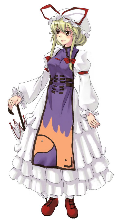 kirisato itsuki, yakumo yukari, touhou, bad id, bad pixiv id, 1girl, armlet, blush, dress, female focus, hat, hat ribbon, jewelry, layered dress, long hair, long sleeves, looking at viewer, ribbon, short hair, sidelocks, simple background, smile, solo, tabard, white background, white dress, yin yang