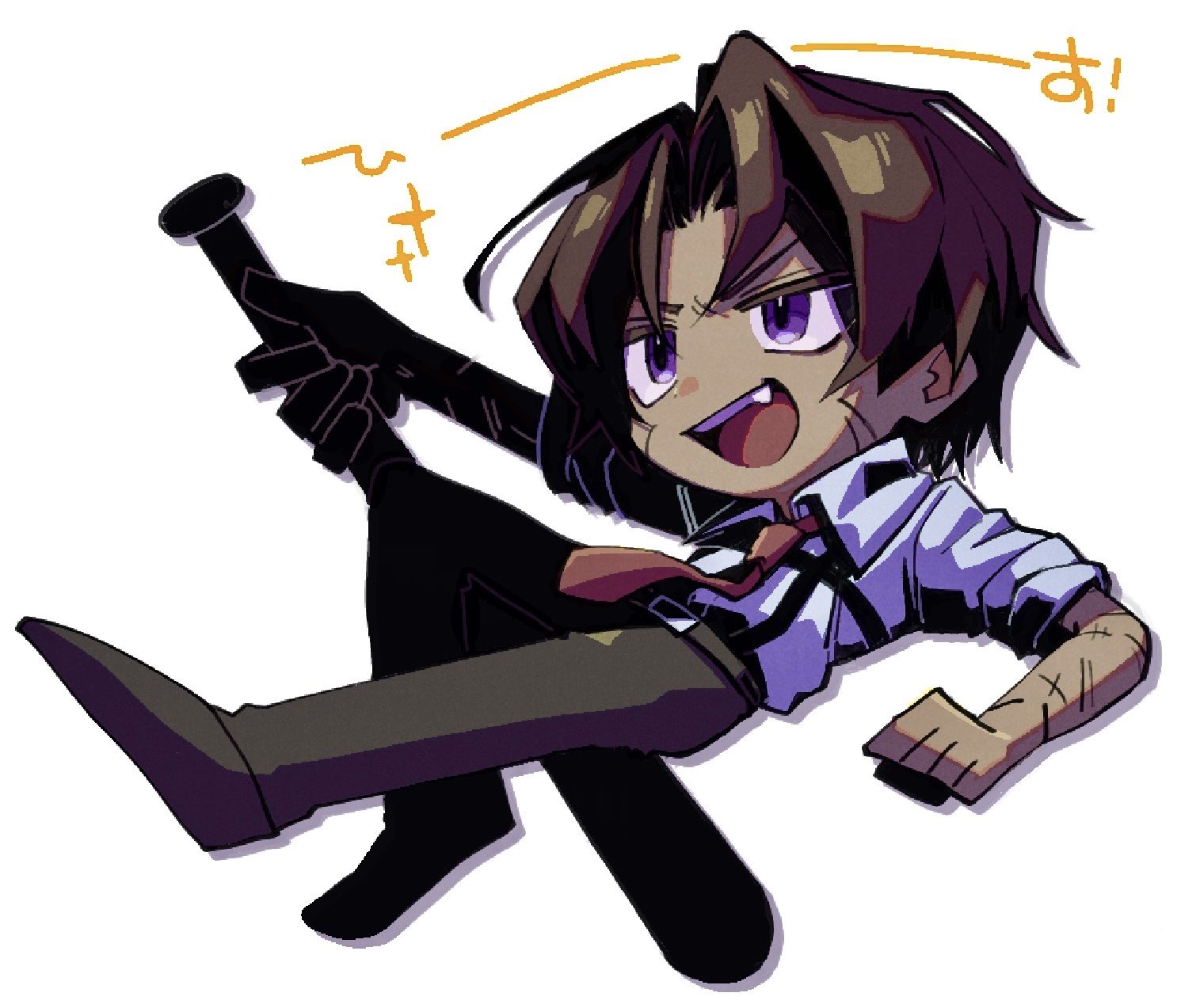 nantekottawo!!, heathcliff (project moon), limbus company, project moon, highres, 1boy, baseball bat, chest harness, chibi, collared shirt, fang, full body, harness, holding, holding baseball bat, long sleeves, necktie, open mouth, purple eyes, red necktie, scar, scar on arm, scar on face, shirt, simple background, smile, solo, white background, white shirt