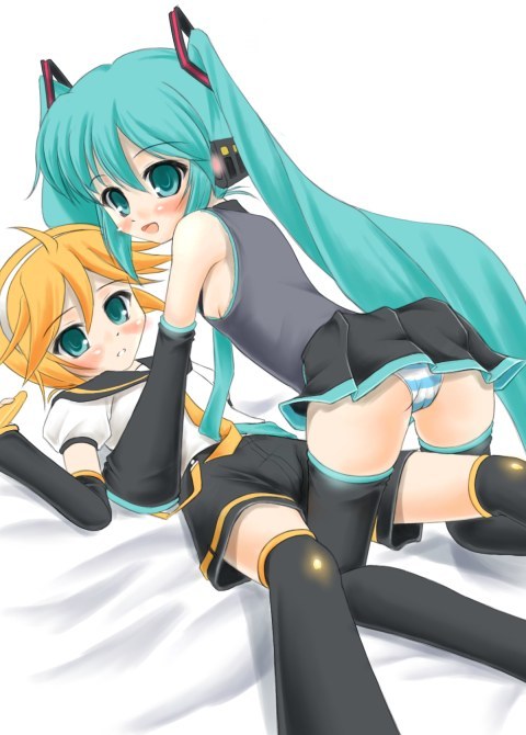 katsuragi niya, hatsune miku, kagamine len, vocaloid, 1boy, 1girl, :d, ahoge, all fours, aqua eyes, aqua hair, aqua necktie, bare shoulders, black shorts, black skirt, black thighhighs, blonde hair, blue panties, blush, detached sleeves, dot nose, earphones, from behind, grey shirt, grey tank top, hair between eyes, hair ornament, hairband, headphones, hetero, long hair, looking at viewer, looking back, lying, multicolored panties, necktie, on back, open mouth, panties, pantyshot, pleated, pleated skirt, print panties, print underwear, puffy short sleeves, puffy sleeves, school uniform, serafuku, shirt, short sleeves, shorts, skirt, sleeveless, smile, straddling, striped clothes, striped panties, tank top, thighhighs, twintails, underwear, very long hair, white background, white hairband, white panties, white shirt, yellow necktie