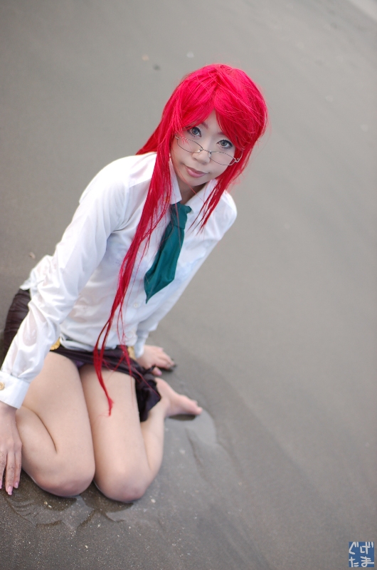 yoko littner, tengen toppa gurren lagann, photo (medium), beach, blouse, cosplay, glasses, guge maku 2ex, miniskirt, necktie, red hair, shirt, skirt