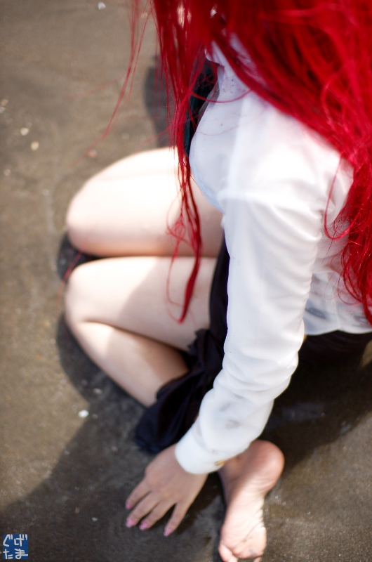 yoko littner, tengen toppa gurren lagann, photo (medium), beach, blouse, cosplay, glasses, guge maku 2ex, miniskirt, necktie, red hair, shirt, skirt