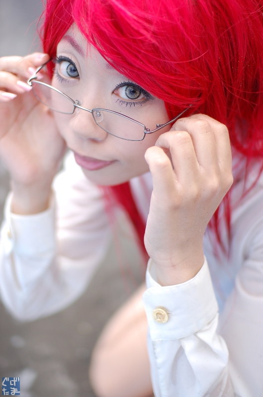 yoko littner, tengen toppa gurren lagann, photo (medium), beach, blouse, cosplay, glasses, guge maku 2ex, miniskirt, necktie, red hair, shirt, skirt