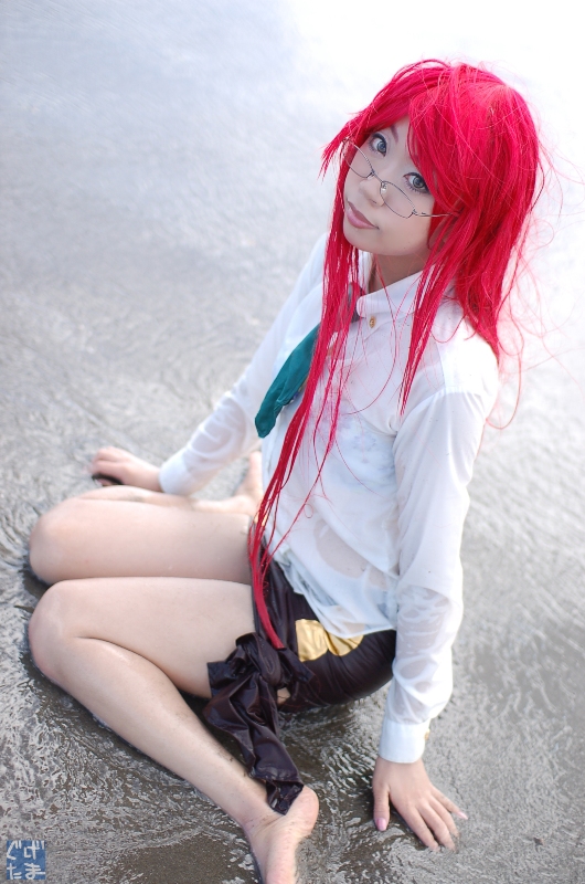 yoko littner, tengen toppa gurren lagann, photo (medium), beach, blouse, cosplay, glasses, guge maku 2ex, miniskirt, necktie, red hair, shirt, skirt