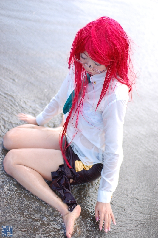 yoko littner, tengen toppa gurren lagann, photo (medium), barefoot, beach, blouse, cosplay, glasses, guge maku 2ex, miniskirt, necktie, red hair, shirt, skirt