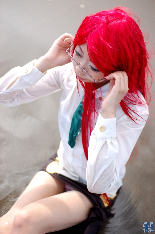 yoko littner, tengen toppa gurren lagann, photo (medium), beach, blouse, cosplay, glasses, guge maku 2ex, miniskirt, necktie, red hair, shirt, skirt