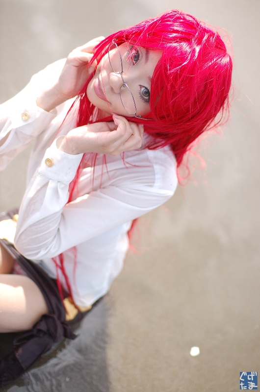 yoko littner, tengen toppa gurren lagann, photo (medium), beach, blouse, cosplay, glasses, guge maku 2ex, miniskirt, necktie, red hair, shirt, skirt