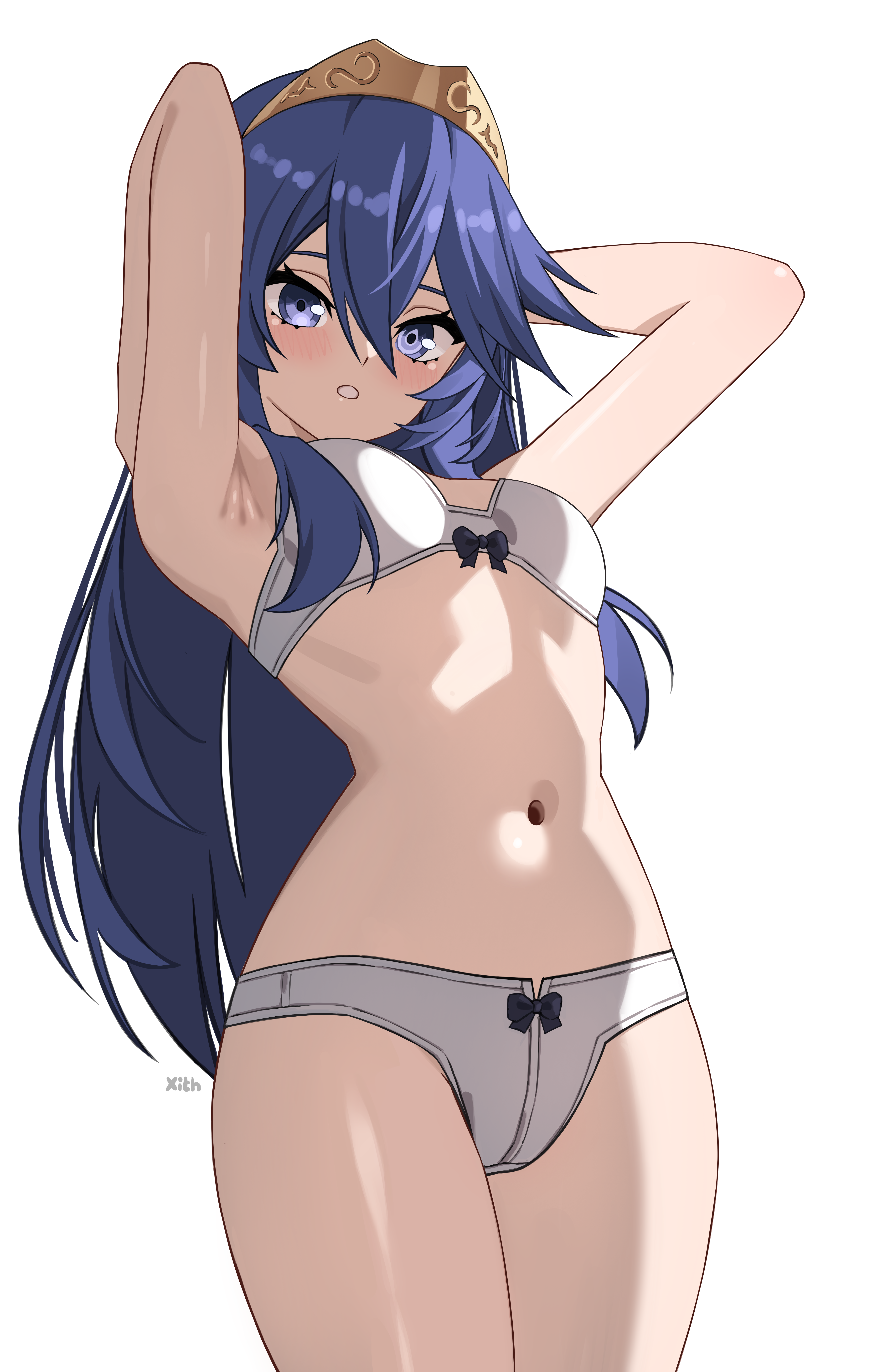 x xith x, lucina (fire emblem), fire emblem, fire emblem awakening, nintendo, absurdres, commentary, english commentary, highres, 1girl, armpits, arms behind head, arms up, artist name, black bow, blue eyes, blue hair, blush, bow, bow bra, bow panties, bra, breasts, cowboy shot, crotch seam, hair between eyes, long hair, looking at viewer, navel, panties, parted lips, petite, ringed eyes, simple background, small breasts, solo, standing, thighs, tiara, underwear, very long hair, white background, white bra, white panties