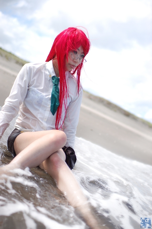 yoko littner, tengen toppa gurren lagann, photo (medium), beach, blouse, cosplay, glasses, guge maku 2ex, miniskirt, necktie, red hair, shirt, skirt