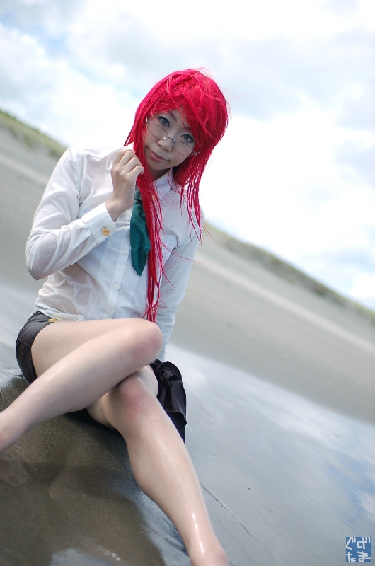 yoko littner, tengen toppa gurren lagann, photo (medium), beach, blouse, cosplay, glasses, guge maku 2ex, miniskirt, necktie, red hair, shirt, skirt