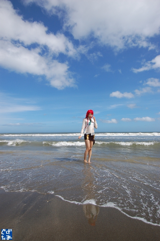 yoko littner, tengen toppa gurren lagann, photo (medium), beach, blouse, cosplay, glasses, guge maku 2ex, miniskirt, necktie, red hair, shirt, skirt